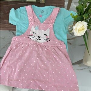Pink Polka Dot Cat Dress with Blue Shirt